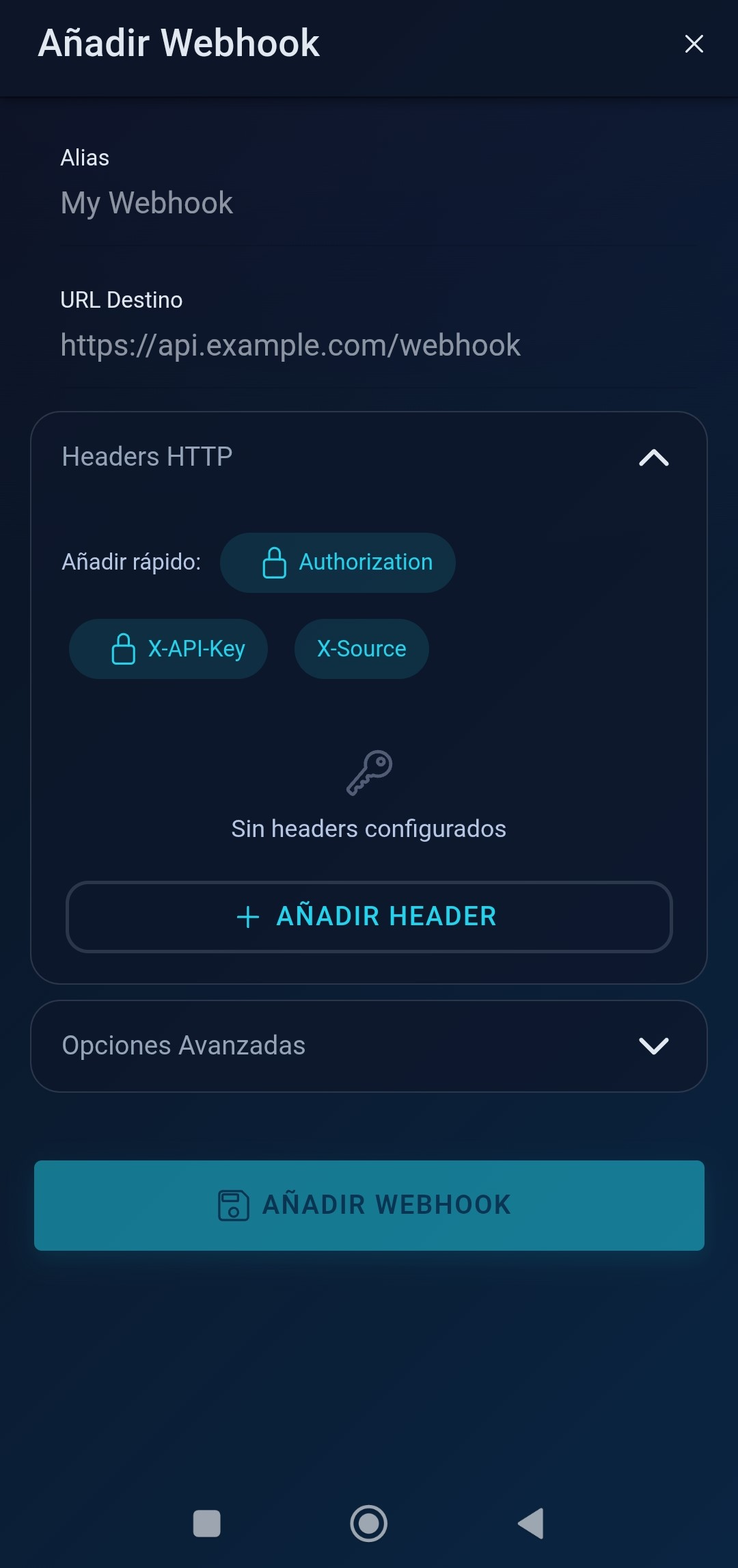 Configuración de webhook — Headers HTTP personalizables y opciones avanzadas