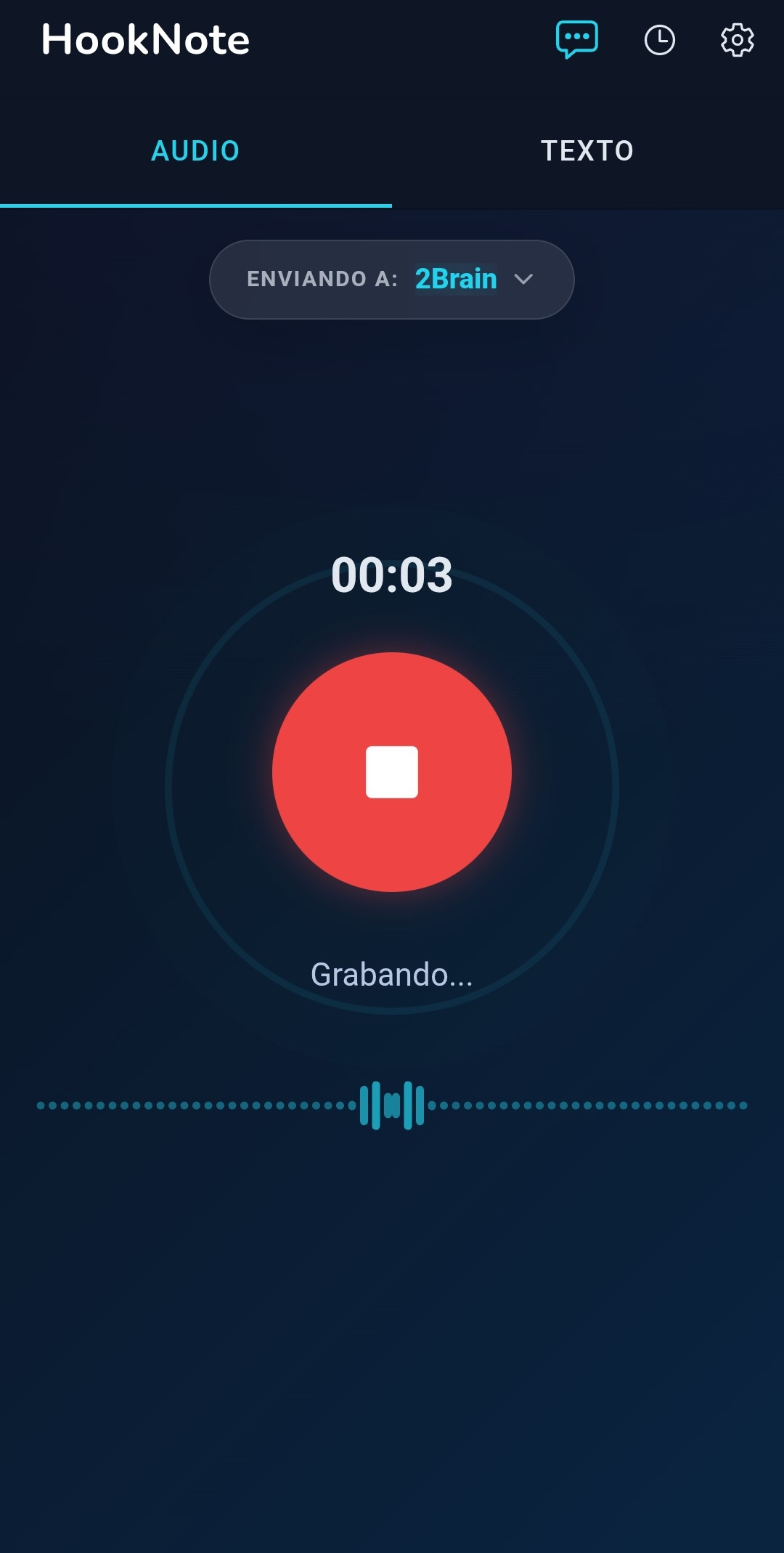 Pantalla principal de HookNote — Grabación de audio con visualizador de onda en tiempo real